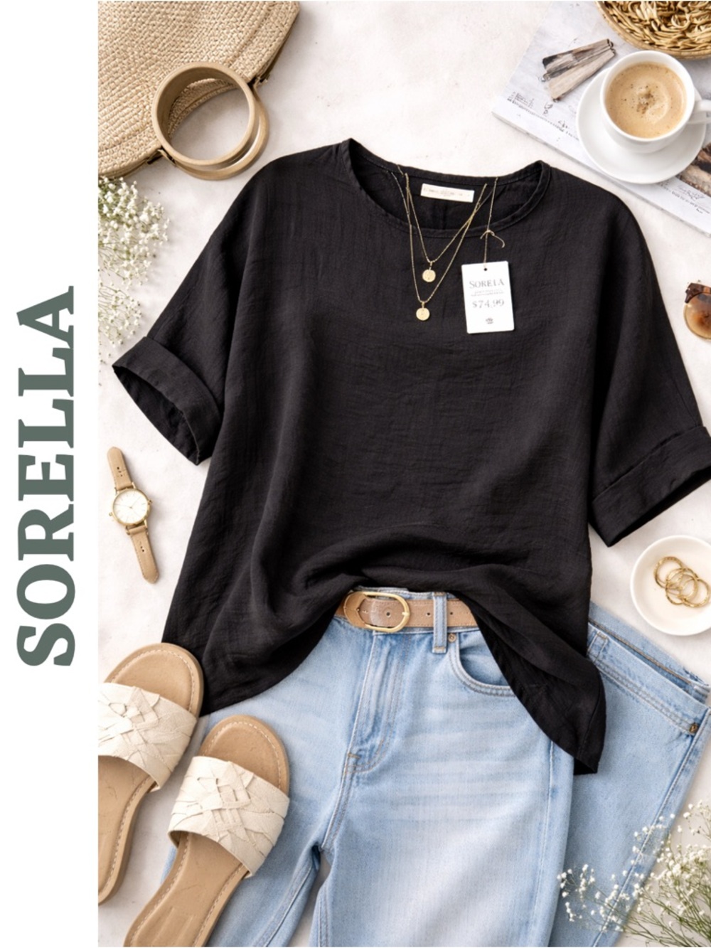 Sorella Black Linen Blend Top Medium Relaxed Minimal